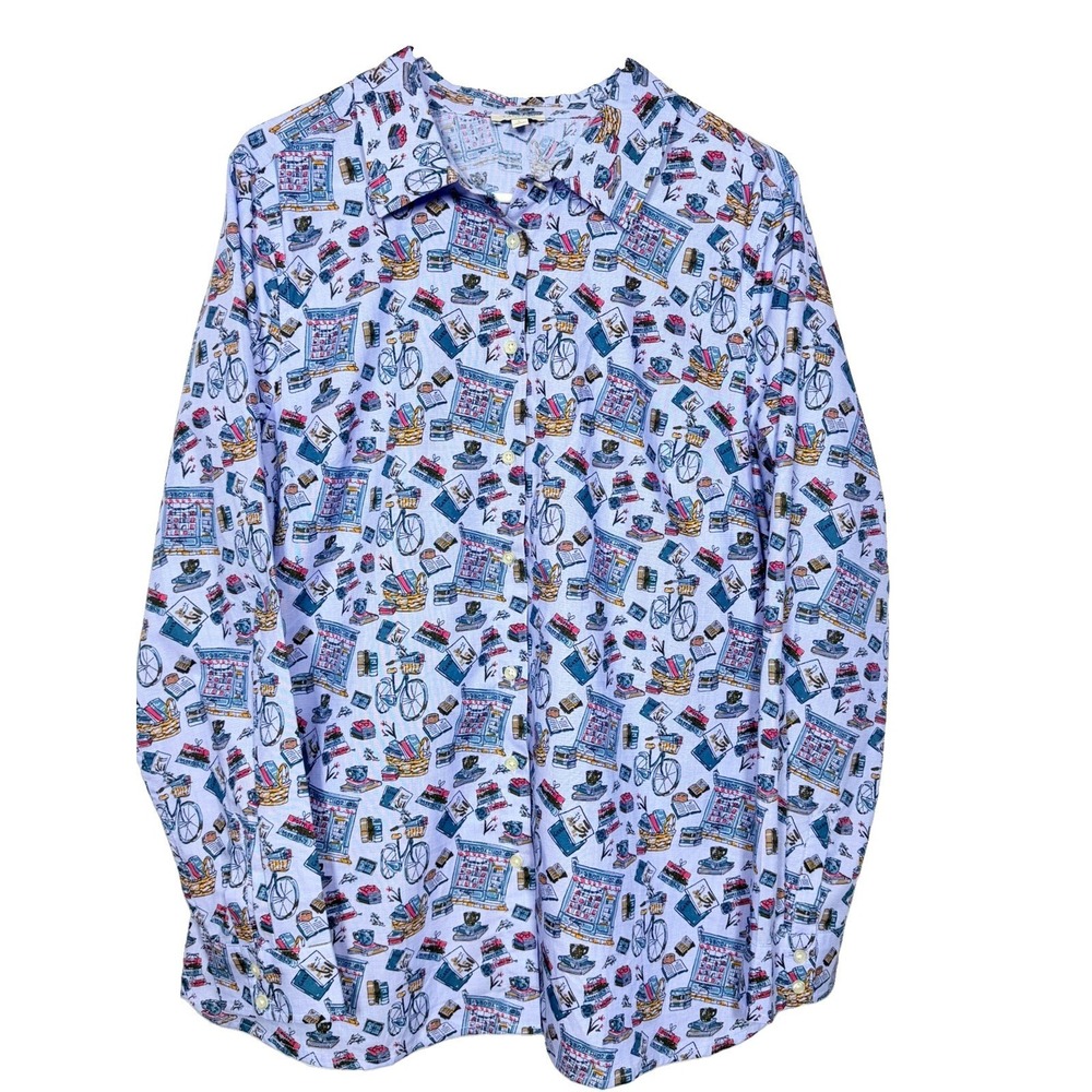 Talbots Book Lover Library Print Button Up Shirt Womens L Cotton Novelty Reader